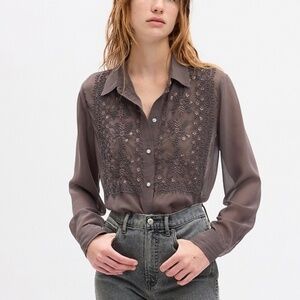 GAP Women’s XL Brown Embroidered Beaded Button-Up Boyfriend Shirt Boho Peasant